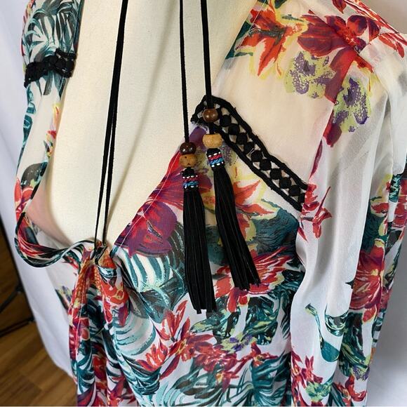 BCBGeneration Women's Sheer Tropical Swim Beach Cover Up Tassel Tie Bell Sleeve - Picture 7 of 9